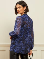 Love & Roses Navy Blue Blue Animal Zip Front Mix Sheer Long Sleeve Blouse - Image 3 of 4