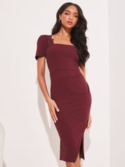 Lipsy Berry Red Lace Bodycon Square Neck Short Sleeve Midi Dress - Image 1 of 4