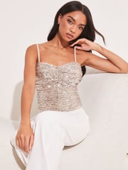 Lipsy Gold Sequin Ruched Corset Cami Top - Image 1 of 4