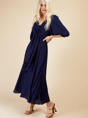 Little Mistress Navy Blue Check Tie Detail Midi Dress - Image 1 of 4