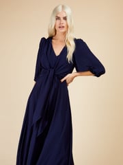 Little Mistress Navy Blue Check Tie Detail Midi Dress - Image 4 of 4