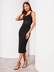 Lipsy Black Sleeveless Corset Mesh Square Neck Midi Dress - Image 1 of 4