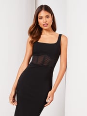 Lipsy Black Sleeveless Corset Mesh Square Neck Midi Dress - Image 3 of 4