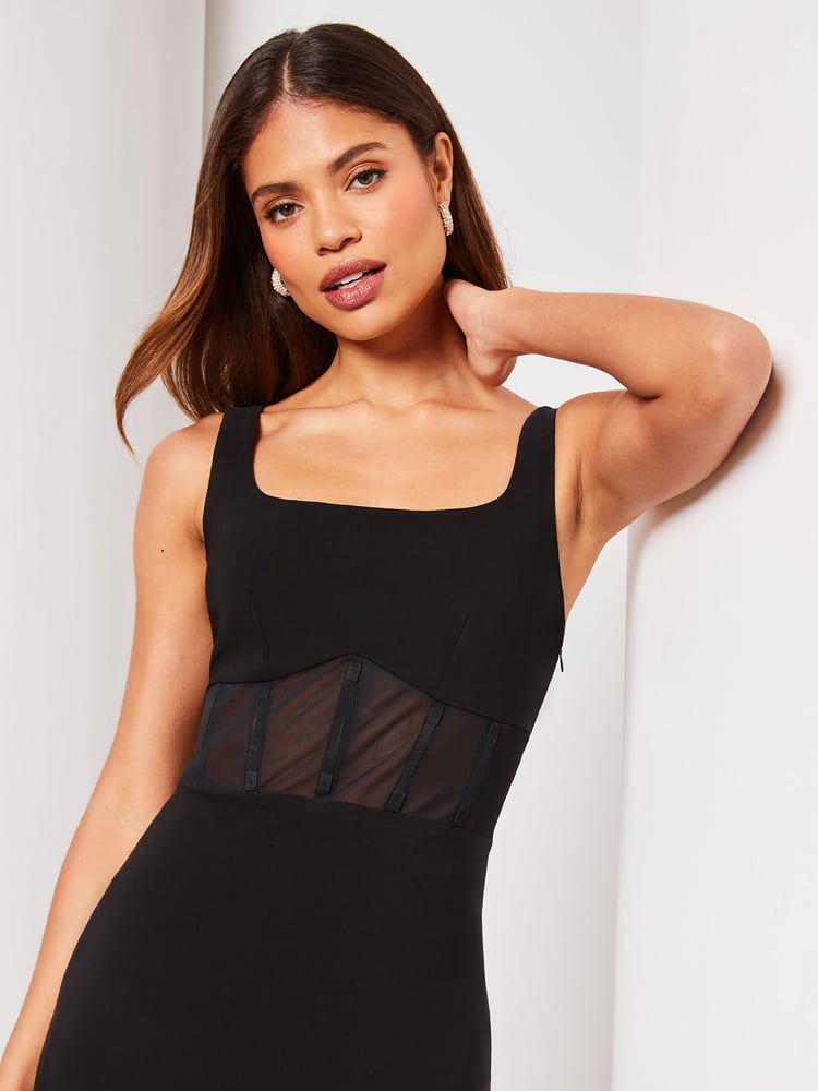 Lipsy Black Sleeveless Corset Mesh Square Neck Midi Dress - Image 4 of 4 Lipsy Black Sleeveless Corset Mesh Square Neck Midi Dress - Image 4 of 4