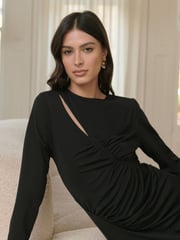 Lipsy Black Long Sleeve Cutout Ruched Asymmetrical Midi Dress - Image 2 of 4