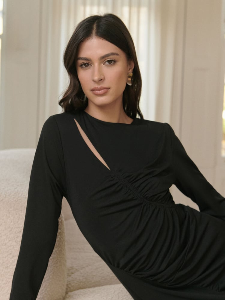 Lipsy Black Long Sleeve Cutout Ruched Asymmetrical Midi Dress - Image 2 of 4 Lipsy Black Long Sleeve Cutout Ruched Asymmetrical Midi Dress - Image 2 of 4