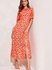 Lipsy Peach Metallic Puff Sleeve Round Neck Split Midi Dress - Image 1 of 4