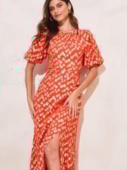 Lipsy Peach Metallic Puff Sleeve Round Neck Split Midi Dress - Image 2 of 4