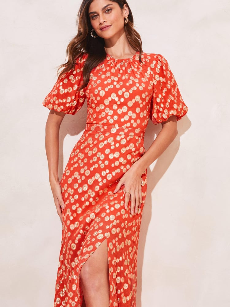Lipsy Peach Metallic Puff Sleeve Round Neck Split Midi Dress - Image 2 of 4 Lipsy Peach Metallic Puff Sleeve Round Neck Split Midi Dress - Image 2 of 4