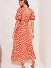 Lipsy Peach Metallic Puff Sleeve Round Neck Split Midi Dress - Image 3 of 4
