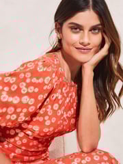 Lipsy Peach Metallic Puff Sleeve Round Neck Split Midi Dress - Image 4 of 4