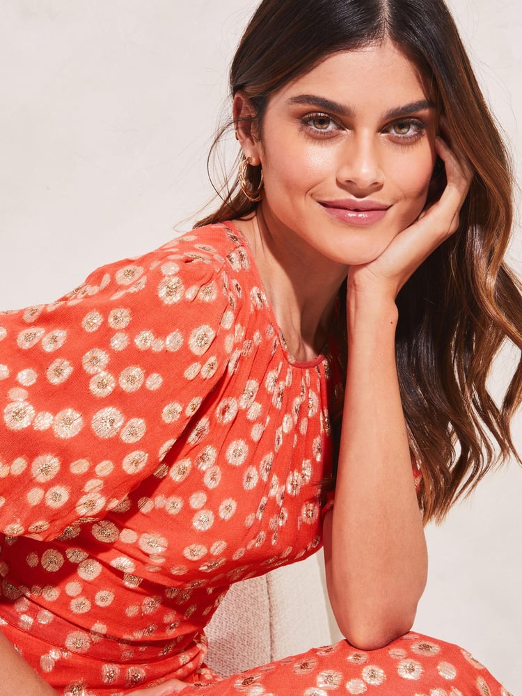 Lipsy Peach Metallic Puff Sleeve Round Neck Split Midi Dress - Image 4 of 4 Lipsy Peach Metallic Puff Sleeve Round Neck Split Midi Dress - Image 4 of 4