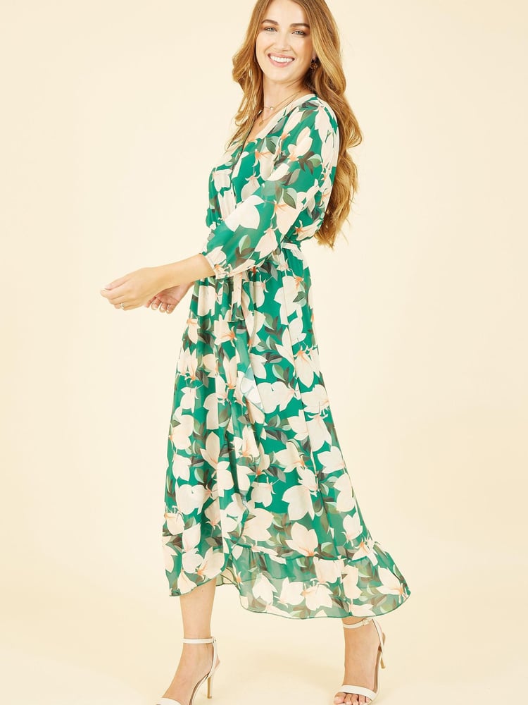 Yumi Green Multi Blossom Wrap Midi Dress With 3/4 Sleeves - Image 1 of 4