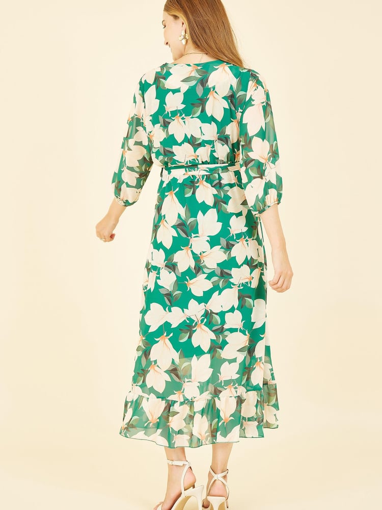 Yumi Green Multi Blossom Wrap Midi Dress With 3/4 Sleeves - Image 2 of 4