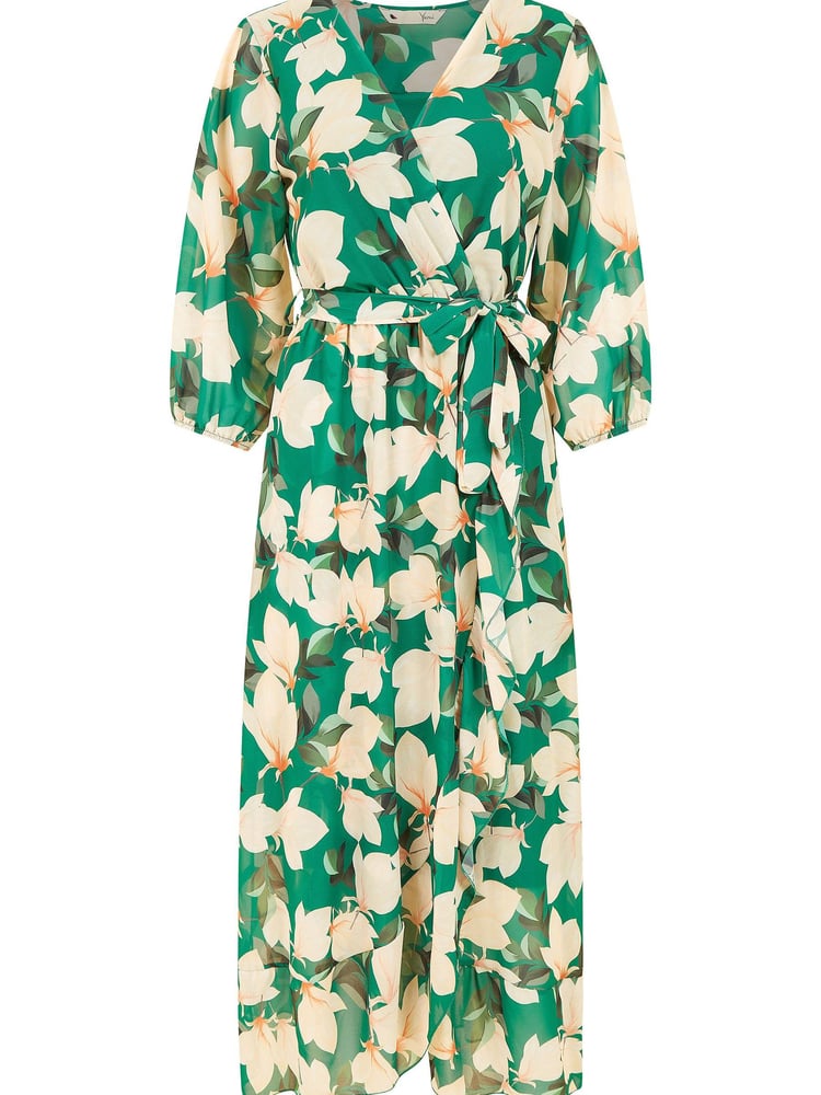 Yumi Green Multi Blossom Wrap Midi Dress With 3/4 Sleeves - Image 4 of 4