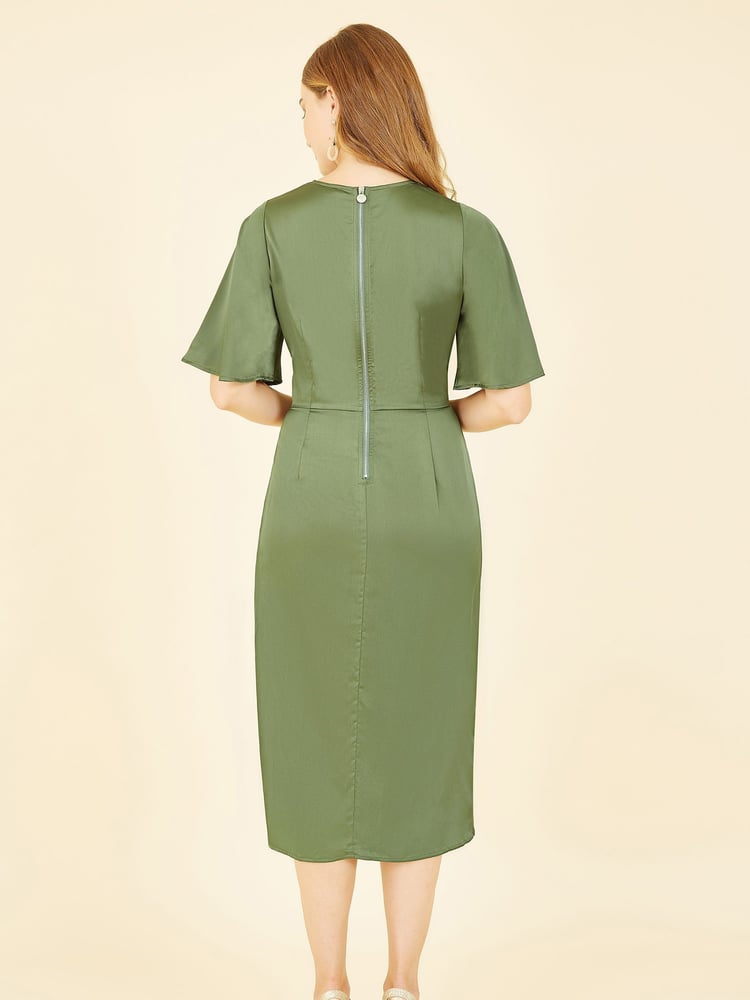Yumi Green Satin Tie Detail Midi Dress - Image 2 of 4