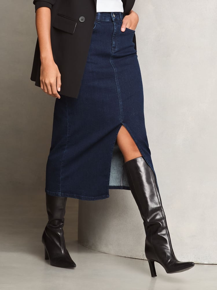Lipsy Dark Blue Wash Denim High Rise Split Front Midi Skirt - Image 1 of 4 Lipsy Dark Blue Wash Denim High Rise Split Front Midi Skirt - Image 1 of 4