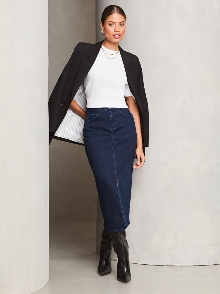 Lipsy Dark Blue Wash Denim High Rise Split Front Midi Skirt - Image 2 of 4 Lipsy Dark Blue Wash Denim High Rise Split Front Midi Skirt - Image 2 of 4