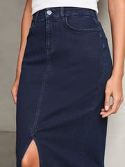 Lipsy Dark Blue Wash Denim High Rise Split Front Midi Skirt - Image 3 of 4