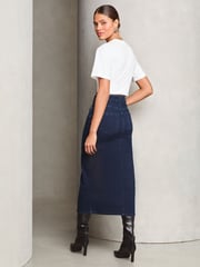 Lipsy Dark Blue Wash Denim High Rise Split Front Midi Skirt - Image 4 of 4
