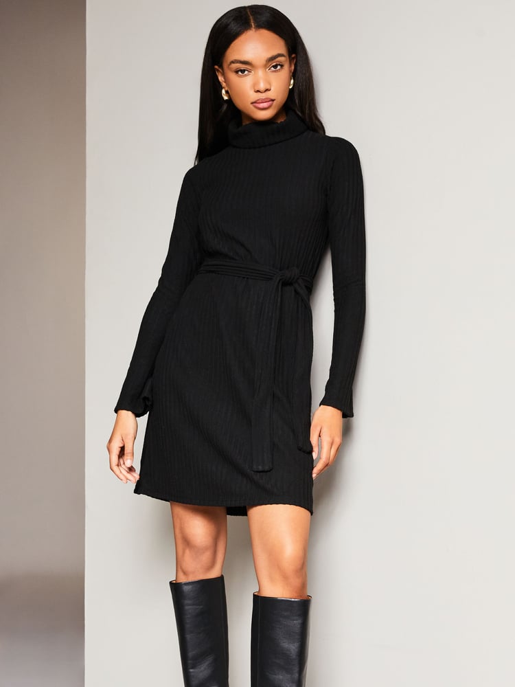 Lipsy Black Roll Neck Belted Shift Cosy Jumper Dress - Image 1 of 4