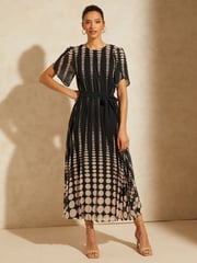 Love & Roses Black Spot Printed Tulip Sleeve Belted Pleated Midi Summer Dress - Image 1 of 4