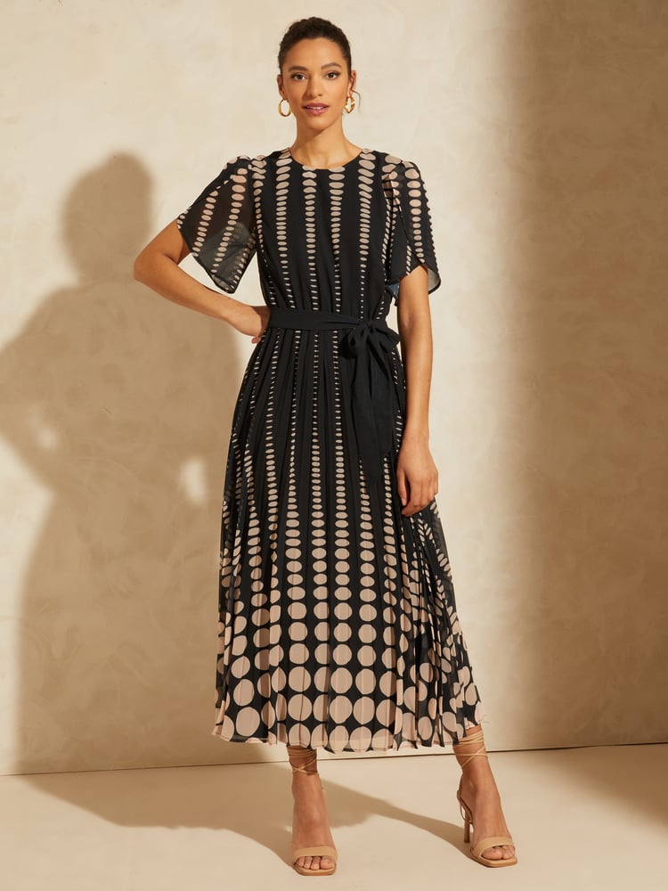 Love & Roses Black Spot Printed Tulip Sleeve Belted Pleated Midi Summer Dress - Image 1 of 4 Love & Roses Black Spot Printed Tulip Sleeve Belted Pleated Midi Summer Dress - Image 1 of 4