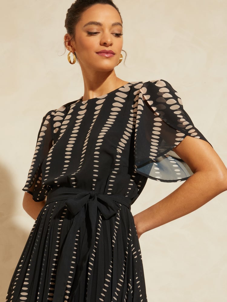 Love & Roses Black Spot Printed Tulip Sleeve Belted Pleated Midi Summer Dress - Image 2 of 4 Love & Roses Black Spot Printed Tulip Sleeve Belted Pleated Midi Summer Dress - Image 2 of 4