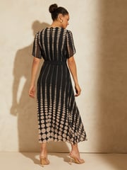 Love & Roses Black Spot Printed Tulip Sleeve Belted Pleated Midi Summer Dress - Image 3 of 4
