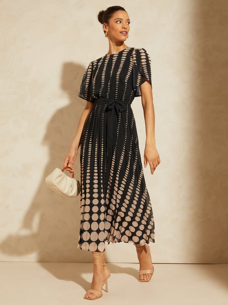 Love & Roses Black Spot Printed Tulip Sleeve Belted Pleated Midi Summer Dress - Image 4 of 4 Love & Roses Black Spot Printed Tulip Sleeve Belted Pleated Midi Summer Dress - Image 4 of 4