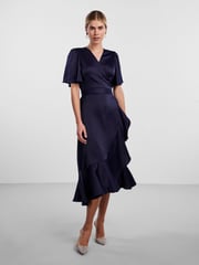 Y.A.S Navy Satin Short Sleeve Wrap & Ruffle Midi Occasion Dress - Image 1 of 5