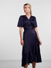 Y.A.S Navy Satin Short Sleeve Wrap & Ruffle Midi Occasion Dress - Image 2 of 5