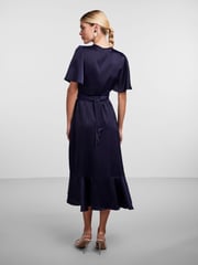 Y.A.S Navy Satin Short Sleeve Wrap & Ruffle Midi Occasion Dress - Image 3 of 5