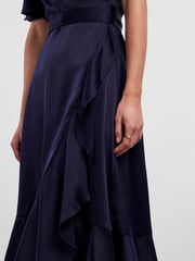 Y.A.S Navy Satin Short Sleeve Wrap & Ruffle Midi Occasion Dress - Image 4 of 5