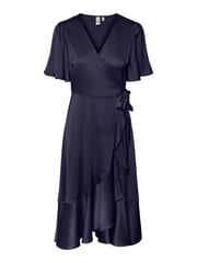 Y.A.S Navy Satin Short Sleeve Wrap & Ruffle Midi Occasion Dress - Image 5 of 5