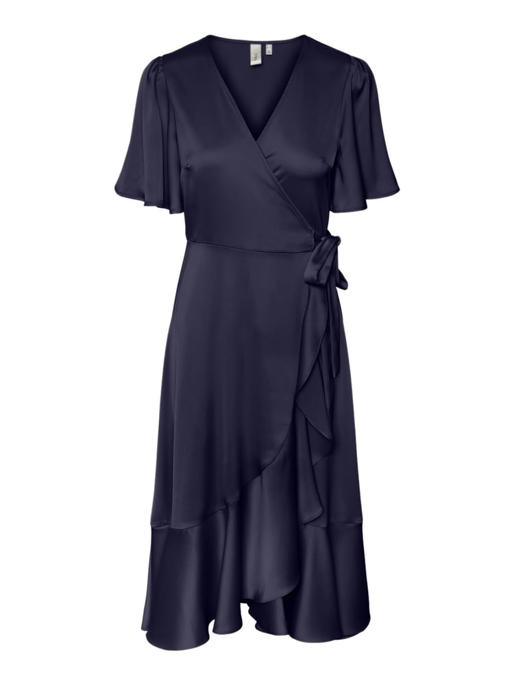 Y.A.S Navy Satin Short Sleeve Wrap & Ruffle Midi Occasion Dress - Image 5 of 5