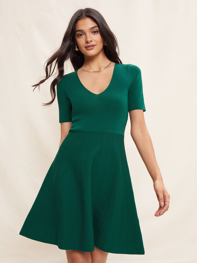 Friends Like These Green Short Sleeve Scoop Neck Knitted Fit and Flare Dress - Image 1 of 4