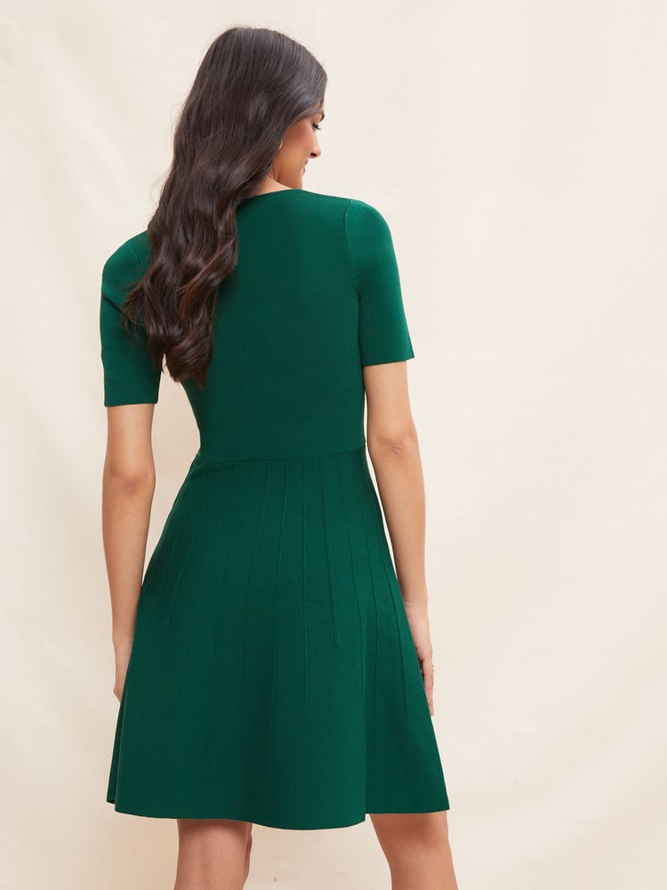Friends Like These Green Short Sleeve Scoop Neck Knitted Fit and Flare Dress - Image 2 of 4 Friends Like These Green Short Sleeve Scoop Neck Knitted Fit and Flare Dress - Image 2 of 4