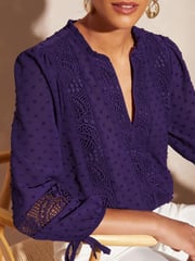 Love & Roses Purple Petite Ruffle Neck Lace Trim Tie Cuff 3/4 Sleeve Dobby Spot Blouse - Image 1 of 3
