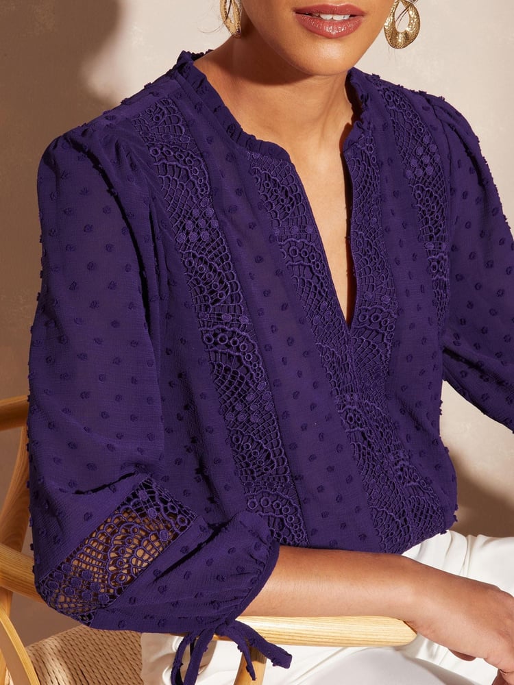 Love & Roses Purple Petite Ruffle Neck Lace Trim Tie Cuff 3/4 Sleeve Dobby Spot Blouse - Image 1 of 3