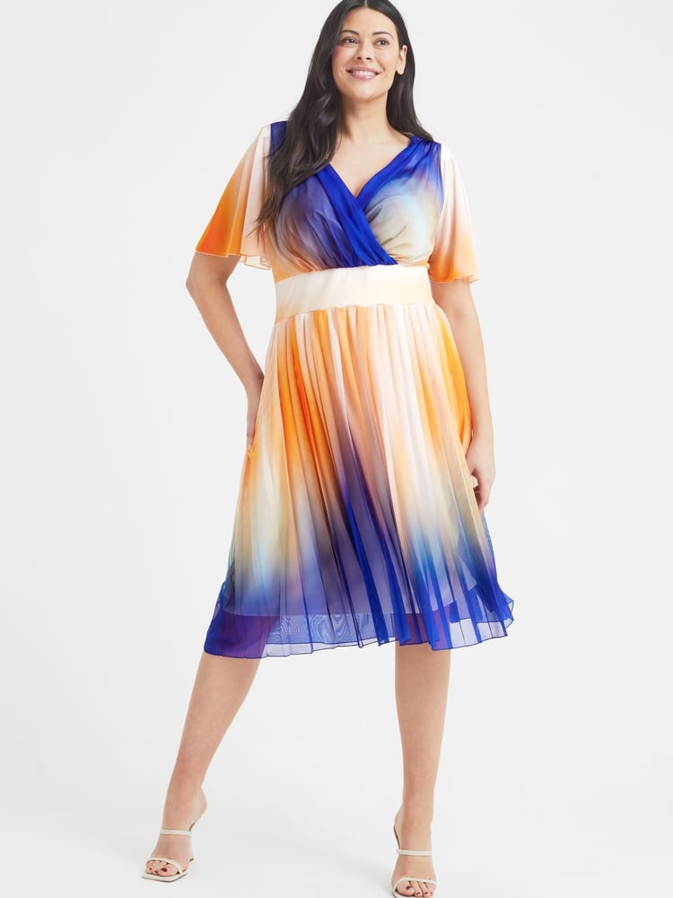 Scarlett & Jo Purple & Orange Multi Cleo Geometric Print Knife Pleated Skirt Midi Dress - Image 1 of 4