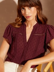 Love & Roses Burgundy Red Red Petite Dobby Spot Ruffle V Neck Flutter Sleeve Blouse - Image 1 of 4