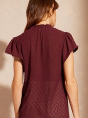Love & Roses Burgundy Red Red Petite Dobby Spot Ruffle V Neck Flutter Sleeve Blouse - Image 3 of 4