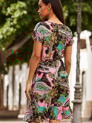 Sosandar Pink Conversational Tie Waist Fit & Flare Dress - Image 3 of 5