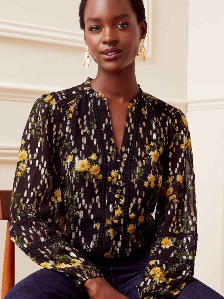 Love & Roses Black Ruffle Neck Lace Trim Long Sleeve Button Through Blouse - Image 1 of 4