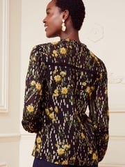 Love & Roses Black Ruffle Neck Lace Trim Long Sleeve Button Through Blouse - Image 3 of 4