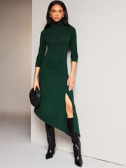 Lipsy Green High Neck Ruched Detail Midi Jumper Dress - Image 1 of 4