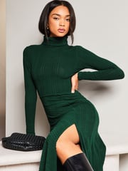 Lipsy Green High Neck Ruched Detail Midi Jumper Dress - Image 4 of 4