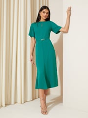 Friends Like These Blue Tulip Sleeve Belted Flute Hem Midi Dress - Image 1 of 4