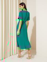 Friends Like These Blue Tulip Sleeve Belted Flute Hem Midi Dress - Image 4 of 4